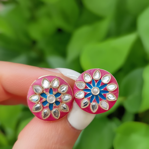 Kundan Pink Stone Stud Earrings-18K Gold Plated Trendy Jewelry - Product Image 3
