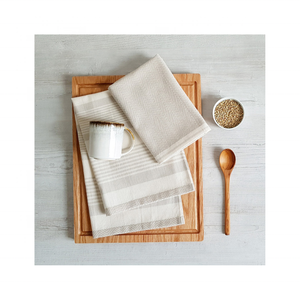 Ethical Holiday Style 100% Cotton Embroidered Handmade Lightweight Quick Dry 18x28 Recyclable Beige <b>Colour</b> Striped Kitchen Towel - Product Image 1