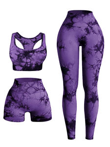 Conjunto de Yoga de 3 Piezas con Tinte Tie Dye, Leggings de Cintura Alta, Sujetador Deportivo y Pantalones Cortos, Ropa de Gimnasio, Atuendo Deportivo - Product Image 6
