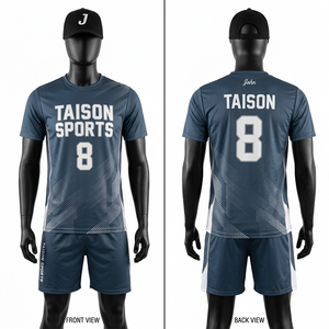 Tenue de volley-ball pour hommes, polyester premium 150 GSM, anti-humidité, bleu-gris, panneau latéral imprimé par sublimation, ensemble avec logo personnalisé - Product Image 1