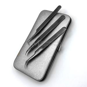 Pinzas Profesionales de Acero Inoxidable Antimagnéticas para Extensión de Pestañas, Color Negro Mate Plasma, 3 Puntas Diferentes - Product Image 3