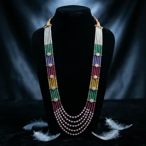Ensemble de colliers en perles d'imitation multicolores à 5 couches, plaqué or, style floral ethnique, bijoux de mariage tendance pour femmes - Product Image 2
