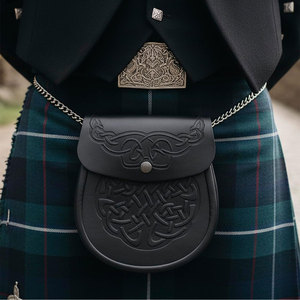 Double Embossed Vegan Sporran Faux Leather <b>Pouch</b> with Tassels Scottish Kilt Sporran with Chain Belt for <b>Men</b> - Product Image 2