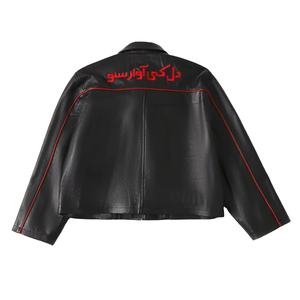Veste en cuir véritable Letterman noire personnalisée pour hommes, fermeture éclair d'hiver de haute qualité, broderie de passepoil rouge, style décontracté, service OEM - Product Image 2