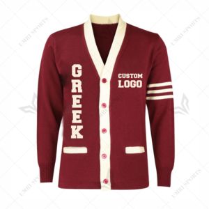 <span class=keywords><strong>Cardigan</strong></span> Greco Ricamato Personalizzato da Donna, Scollo a V, Lavorato a Maglia, Maniche Lunghe, Stile Preppy, Bordeaux con Bordi Crema - Product Image 1