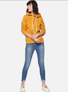 Sudadera con Capucha para Mujer, Color Mostaza, Manga Larga, Tejido de Punto, Estilo Casual, 100% Algodón, Estilo Otoñal, Transpirable, con Bolsillos - Product Image 1