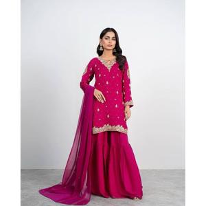 DISEÑADOR GEORGETTE SECUENCIA BORDADO PERLA TRABAJO TOP SHARARA CON DUPATTA ROSA - Product Image 1