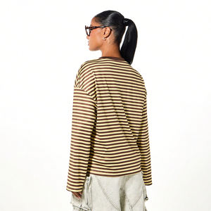 Camiseta a Rayas para Mujer, Personalizada OEM, Corte Holgado, Ecológica, Cuello Redondo, Manga Larga, 100% Algodón - Product Image 2
