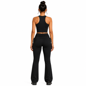 Custom Logo Women Yoga Set Racerback Sports Bra Ruched Drawstring <b>Flare</b> <b>Leggings</b> 2 Piece Fitness Activewear <b>Gym</b> Tracksuit Outfit - Product Image 2