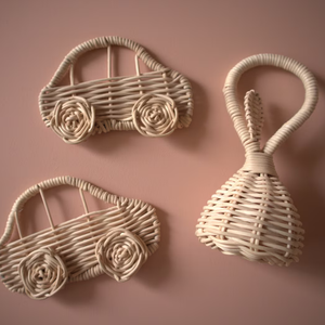 Rattan Wall Decor Set Kids Room <b>Ornament</b> Handmade Wicker <b>Car</b> and Rabbit Hanging Pieces for Children Bedroom Wall Aesthetic - Product Image 1