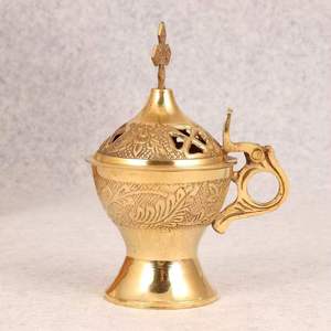 Traditional Brass Handheld Incense Burner Engraved Cross Top Lid Charcoal Bakhoor Oud Burner Christian Censer Home <b>Decor</b> - Product Image 1