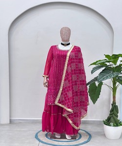 FANCY GEORGETTE EMBROIDERY SEQUENCE ZARI WORK <b>TOP</b> SHARARA WITH DUPATTA <b>FESTIVE</b> WEAR WHOLESALE PRICE ETHNIC GARMENT PINK - Product Image 6