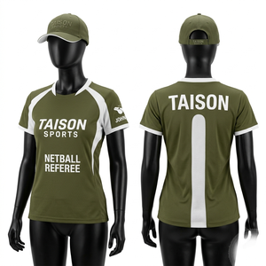 Maillot d'arbitre de netball haut de gamme en tissu piqué polyester 180 GSM, beige avec panneau latéral noir, logo personnalisé par transfert thermique - Product Image 2