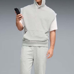 Sudadera de Forro Polar sin Mangas con Capucha para Hombre, Talla Grande, Color Gris Sólido, Informal, con Bolsillo, para Otoño - Product Image 2