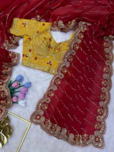 Sari de seda con diseño de cuentas y bordado Jari, y blusa de seda completamente cosida con bordado. - Product Image 2