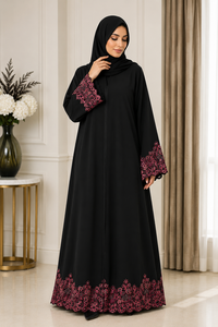 Abaya noire brodée avec manches en dentelle, robe musulmane à fermeture éclair sur le devant, robe islamique pour femmes, style Dubaï - Product Image 1