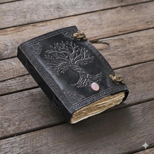 Tree Life Leather Journal Handmade Vintage A5 Notebook <b>Sewing</b> Bound Gift 2 Color Choices 220 Vintage Paper Brass Locks - Product Image 6