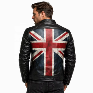 OEM <b>Men's</b> Distressed <b>Leather</b> <b>Biker</b> <b>Jacket</b> with Stand Collar Zipper Closure Front Logo Custom Vintage <b>UK</b> Flag Printed for Autumn - Product Image 2