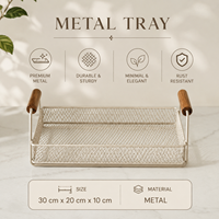 Plateau de service moderne en métal maillé de qualité supérieure avec poignées en bois |   Organisateur de rangement décoratif multifonctionnel et écologique pour la maison