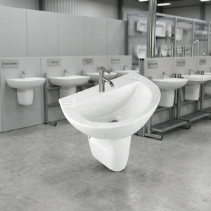 Lavabo semipedestal de cerámica blanca de diseño moderno con desagüe, hecho en India, para baño. - Product Image 6