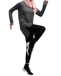 Haut de sport modeste pour femme à manches longues, bleu uni, coupe régulière, extensible dans quatre directions, écologique, UPF50+, respirant, grande taille - Product Image 6