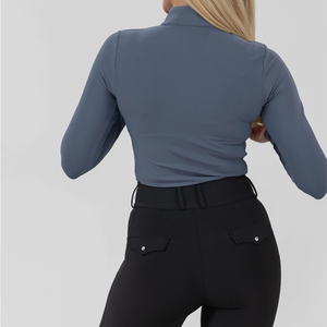 Women's Long Sleeve Pullover Dark Blue Equestrian <b>Top</b> High Collar Heart Zipper Pull Subtle Side Mesh Breathable Anti-Bacterial - Product Image 5