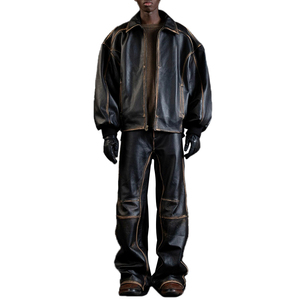 Men's Black Leather Look Tracksuit Full Sleeve Zipper Turn-<b>down</b> Collar Loose Fit Winter Streetwear Solid Color <b>Pants</b> and Jacket - Product Image 1