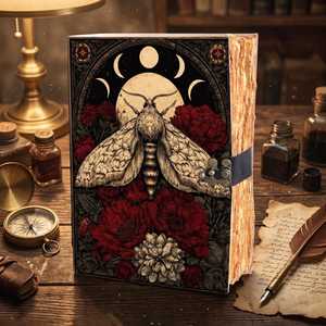Carnet en spirale en cuir fait main, motif floral vintage, motif papillon et visage de lune - Product Image 4