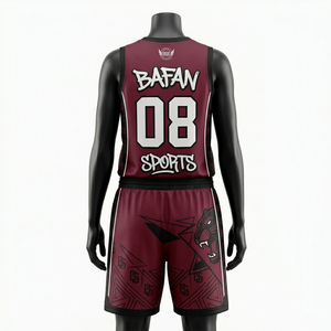 Uniforme de baloncesto de poliéster de malla de alta calidad, 160 GSM, color granate y negro con panel lateral degradado, logotipo personalizado sublimado, ropa deportiva. - Product Image 6