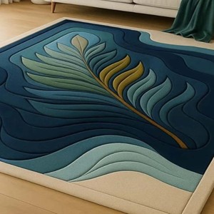 Tapis en laine moderne bleu à motif de feuilles |   Tapis botanique abstrait fait main, tapis décoratif artistique pour salon et chambre, tapis de sol doux - Product Image 4