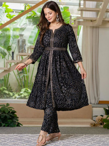 <b>Women</b> Cotton Black Digital Printed Quick Dry <b>Kurta</b> Pant Set Regular Fit Knee-Length Traditional Style Casual Wear India Pakistan - Product Image 3