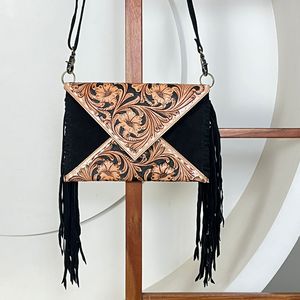 Wholesale Hand Tooled Suede Leather Crossbody Fringe Envelope <b>Bags</b> Western Genuine Leather Floral Carved Bohemian Shoulder Purse - Product Image 4