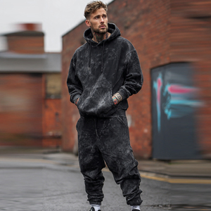 เสื้อสเวตเชิ้ตทรงหลวมแบบดรอปโชว์เดอร์ ล้างสีแบบแอซิดวอช กางเกงจ็อกเกอร์ล้างสีแบบสโตนวอช ชุดเซ็ตจ็อกเกอร์ เสื้อผ้าผู้ชายเนื้อหนัก ล้างสีแบบวินเทจ ชุดวอร์มผู้ชาย - Product Image 3