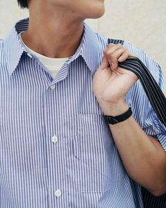 Chemise décontractée pour homme, 100 % coton, personnalisable, bleue, coupe carrée, anti-plis, respirante, à rayures, col rabattu, manches courtes - Product Image 5