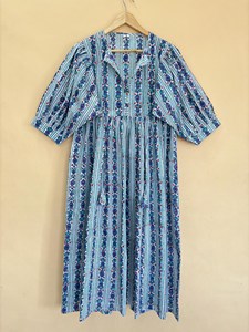 Boho Midi <b>Dress</b> with Floral Striped Hand Block Print Short Puff Sleeve <b>Loose</b> Fit Cotton Summer Casual <b>Dress</b> For Women - Product Image 4