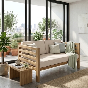Modern Solid <b>Wood</b> Double <b>Sofa</b> Elegant Slatted <b>Frame</b> 2 Seater Loveseat Couch <b>For</b> Rustic Living Room Setup Art Design Pure Art Set - Product Image 5