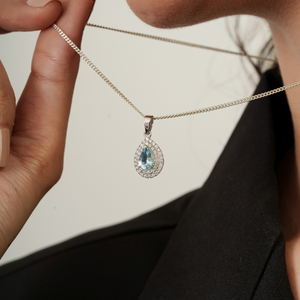 Colgante de Alta Gama para Mujer en Oro Blanco Real de 14K con Aguamarina y Diamantes en Forma de Pera, Doble Racimo, Apilable, Proveedor de Joyería al por Mayor - Product Image 4