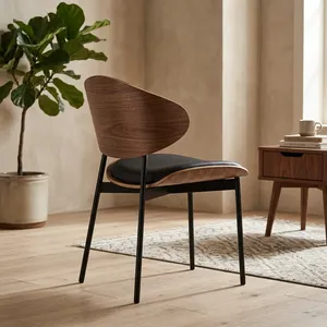 Modern Wooden Restaurant <b>Chair</b> with Curved Backrest Cushioned Seat and <b>Black</b> Metal Legs for Cafe Living Room Office Use - Product Image 5