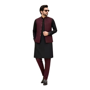 Ensemble Kurta en coton pour homme avec gilet marron, Kurta noire et pantalon assorti, tenue décontractée traditionnelle indienne et pakistanaise - Product Image 6