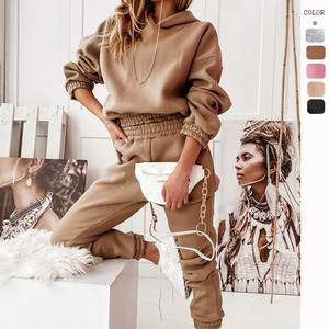 Women Sets Loose Casual Fleece WarmSolid Long Sleeve Hooded <b>Harem</b> Pants Ankle Plain Dyed Autumn Winter Sport 2 Piece - Product Image 3