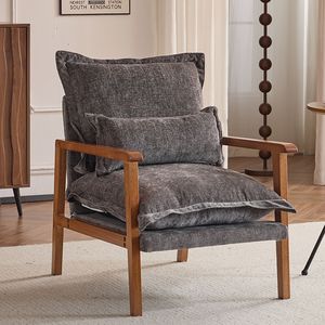 Poltrona da Interno a Forma di Nuvola con Struttura in Legno Massello e Braccioli, Rivestimento in Tessuto Chenille, Cuscino Lombare Decorativo - Product Image 1