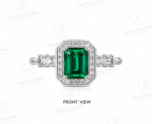 Elegant halo <b>ring</b> in 18K white gold with emerald cut green diamond micro pave halo and side diamonds luxury bridal couture desig - Product Image 6