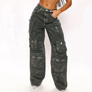 Jean cargo rose taille haute pour femme, coupe ample et large, multi-poches, en denim de coton, pantalon tendance - Product Image 3