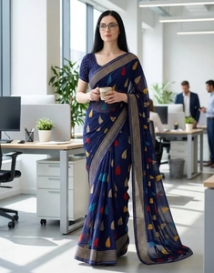 Sari de Georgette KV con Adornos, Rayas y Estampado Floral para Uso Diario - Product Image 3