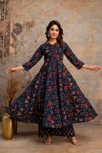 Traje Anarkali de Algodón de Secado Rápido Azul Marino para Mujer con Dupatta, Corte Regular Tradicional, Largo hasta la Rodilla, Ropa Casual para Todas las Temporadas - Product Image 6