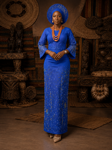 Tela George de Lujo Azul Cielo con Cuentas y Bordado de Cristales Dorados para Vestidos de Novia Nigerianos y Ropa de Fiesta - Product Image 4
