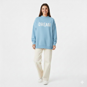 Sweat-shirt personnalisé en gros pour femme, bleu clair, imprimé Dream, col rond, manches longues, coupe ample, 100 % coton, ensemble décontracté pour le quotidien - Product Image 1