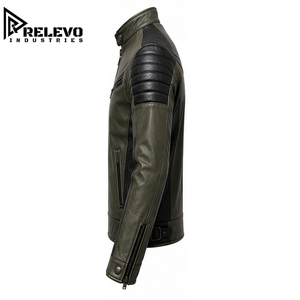 Men Vintage Olive Green & Black Leather Biker Jacket, Slim Fit Textured Moto Racer Jacket with Padded Shoulders, Snap Button - Product Image 3