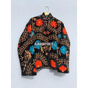 <b>Black</b> Embroidered <b>Velvet</b> Woven Safari Pullover <b>Jacket</b> Women Suzani Floral Stand Collar Full Sleeve Cotton Lining Autumn/Winter - Product Image 3