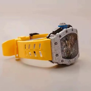 Diamond Encrusted Irregular Case Quartz Watch With Yellow <b>Silicone</b> Band Analog-Digital Display Luxury unisex Timepiece 41mm - Product Image 3